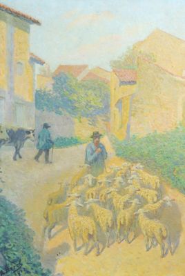 un tableau représentant un troupeau de moutons qui descend dans la rue