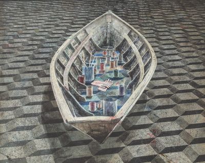 peinture représentant un bateau sur un sol à carreaux noirs et blancs