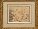 une image représentant un dessin d'une femme et d'un chien allongés sur un lit