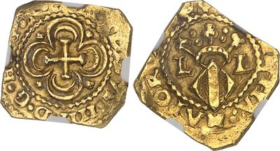 two gold coins, one with a cross and the other with a cross on it