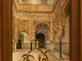 an image of a painting of a courtyard with a fountain
