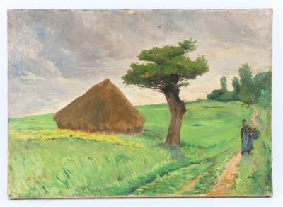 un tableau représentant une femme marchant sur un sentier dans un champ