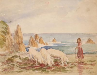 un tableau représentant une femme et deux moutons sur la plage