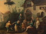 painting of a group of people in front of a house