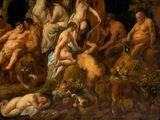 a painting of a group of naked men in a wooded area