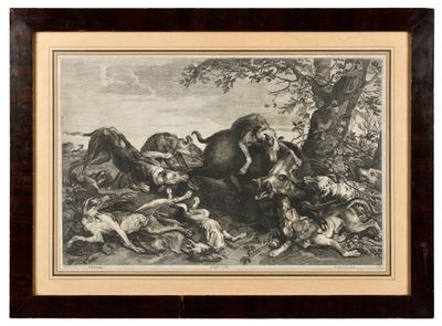 un dessin en noir et blanc représentant un groupe d'animaux dans une zone boisée