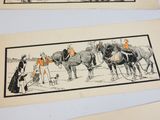 two pictures of horses and a man with a dog