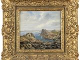 un tableau représentant une côte rocheuse avec un château au loin