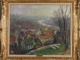an image of a painting of a village with a bridge in the foreground