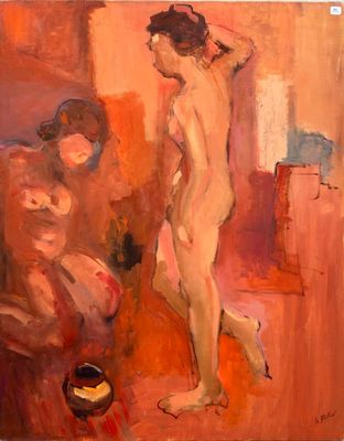 une peinture à l'huile représentant une femme debout à côté d'un homme dans une pièce