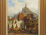 une image représentant une peinture d'une scène urbaine avec un château en arrière-plan