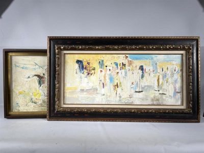 painting of a group of people walking on a beach with umbrellas