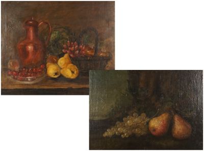 tableau représentant une nature morte composée de fruits et d'une cruche posés sur une table