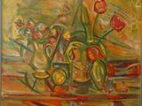 painting of flowers in vases on a table in front of a window