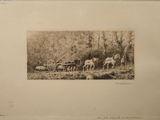 a black and white photo of horses pulling a wagon
