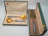 two silverware items in a green case on a table