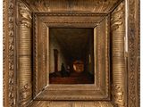 an oil painting of a man sitting in a room with a fireplace