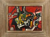 une image représentant un tableau sur un châssis en bois, avec un fond rouge