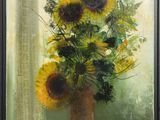painting of sunflowers in a vase on a table in front of a window