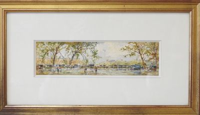 aquarelle encadrée représentant du bétail paissant dans un champ bordé d'arbres