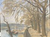 a painting of a woman walking down a path by the water