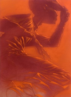 an image of a painting of a man sitting down with his head in his hands