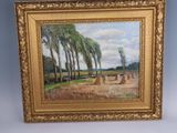 une image représentant un tableau représentant un paysage avec des arbres, dans un cadre doré