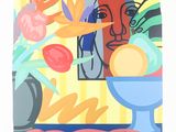 a picture of a painting of a woman with a vase of flowers