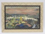 une peinture à l'huile d'un paysage avec des montagnes en arrière-plan