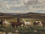 painting of a herd of horses grazing in a field with a castle in the background