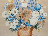 a painting of a basket of flowers on a table