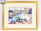 tableau encadré représentant une vue d'un port avec des bateaux et des bâtiments