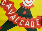 a yellow poster with a clown holding a sign that says cavalcade