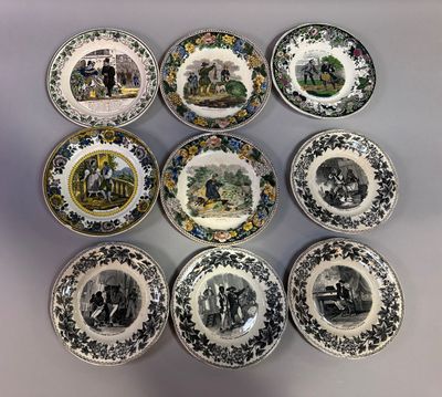 83. Réunion de 9 assiettes en faïence fine de Creil, Montere…