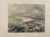 painting of a view of a city with a bridge over a river