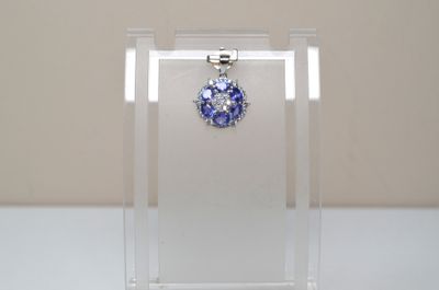 une vitrine transparente dans laquelle est exposé un collier bleu et blanc