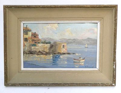 une peinture à l'huile représentant un bateau sur un plan d'eau avec des bâtiments à l'arrière-plan