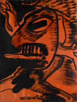 un dessin orange et noir représentant un homme à tête de chèvre