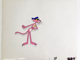 dessin de bande dessinée représentant un chat rose avec un chapeau bleu et une queue rose