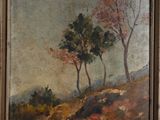 an oil painting of a dirt road with trees in the distance