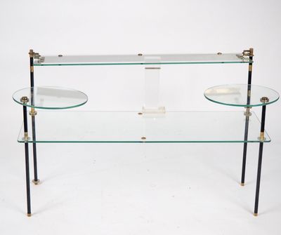 Desserte années 70 en verre, laiton et métal laqué noir, à t…