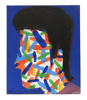 a painting of a woman ' s face with colorful paint sprinkles on it