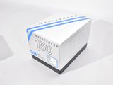 a white box that has a blue stripe on it