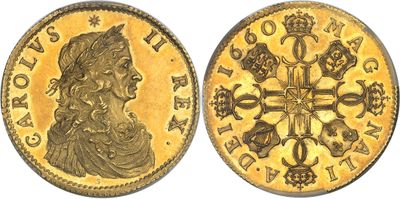a gold sovereign coin with a cross on the front and a crown on the back