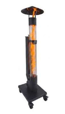 an image of a black and orange heater sitting on top of a metal stand