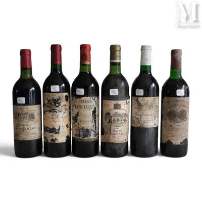 six bottles of wine are lined up in a row on a white surface