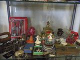 a glass shelf that has various items on it