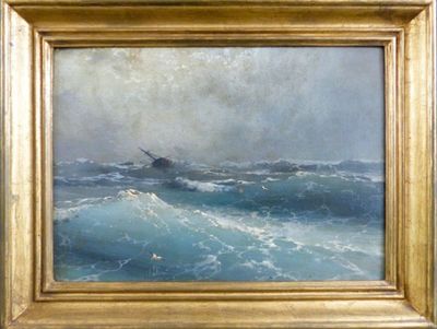 une peinture à l'huile représentant un bateau sur une mer agitée, avec des vagues