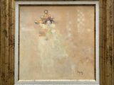 a picture of a painting of a woman with flowers in a vase