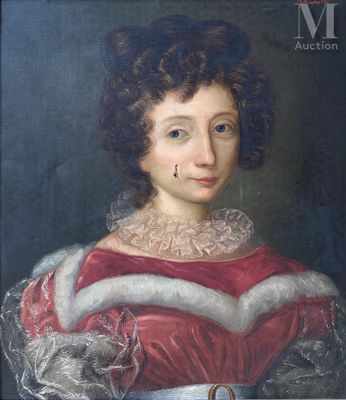 portrait d'une femme en robe rouge à col de fourrure blanche